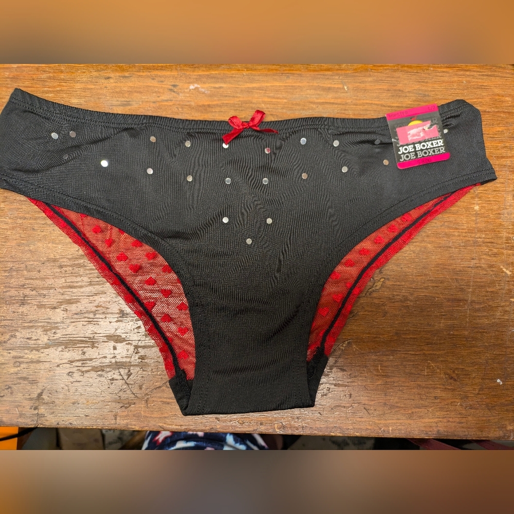 🔥 Jr L Joe Boxer Hipster Panties Black & Red heart back, mirror sequence nwt